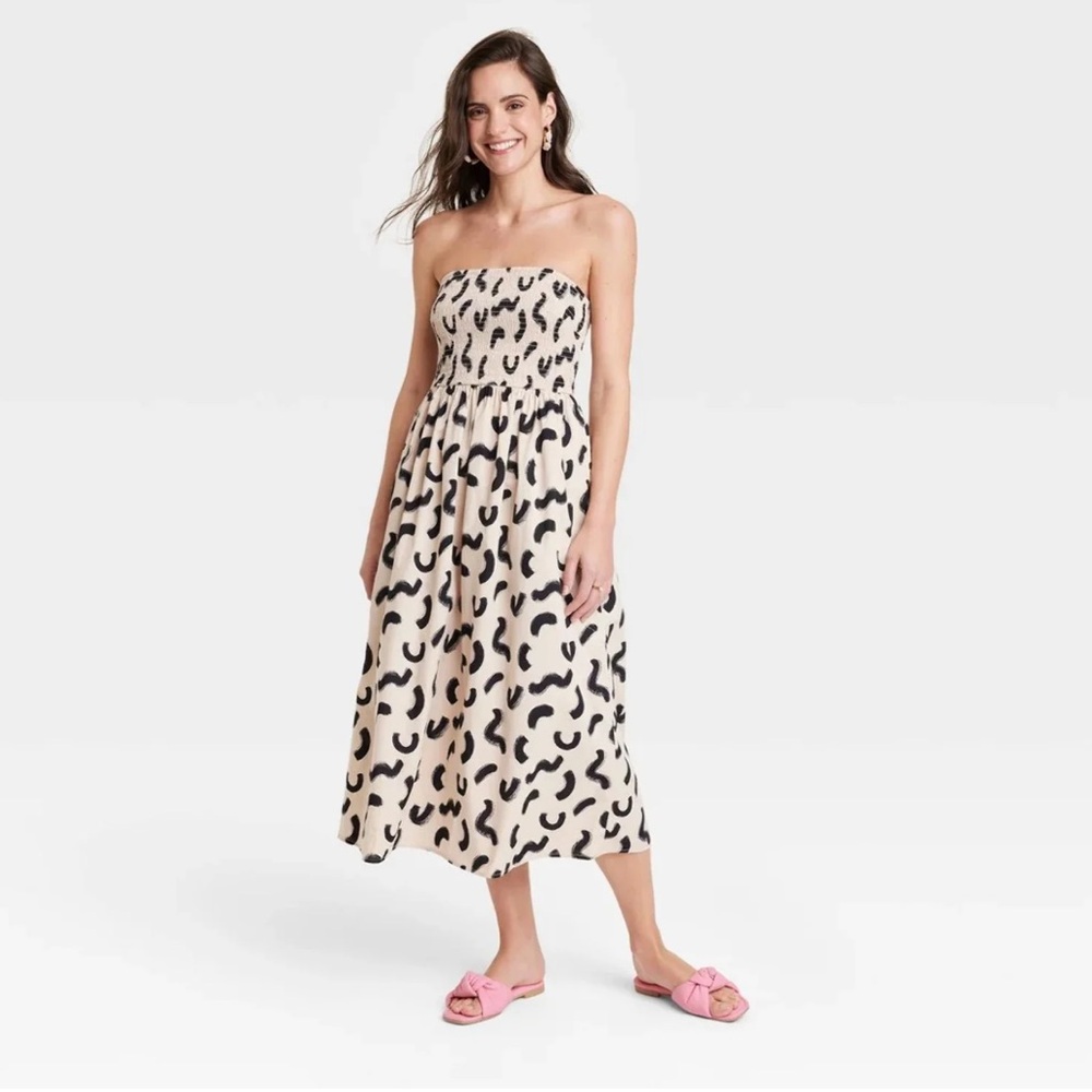 A New Day Women's Strapless Smocked Tube Sundress Tan/Black Squiggle Print